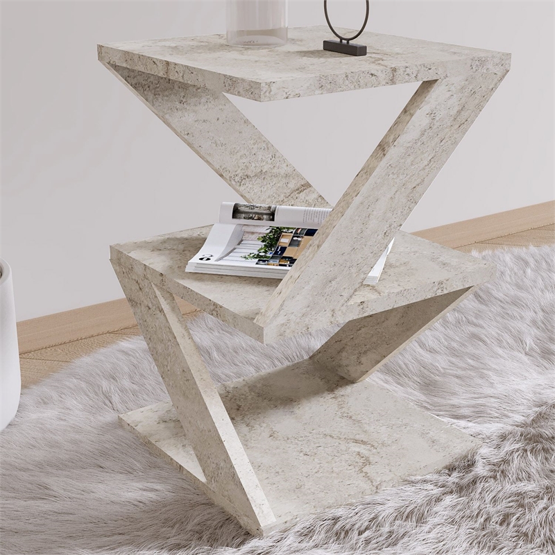 Maklaine Compact Modern Side Table with Shelves in Travertine