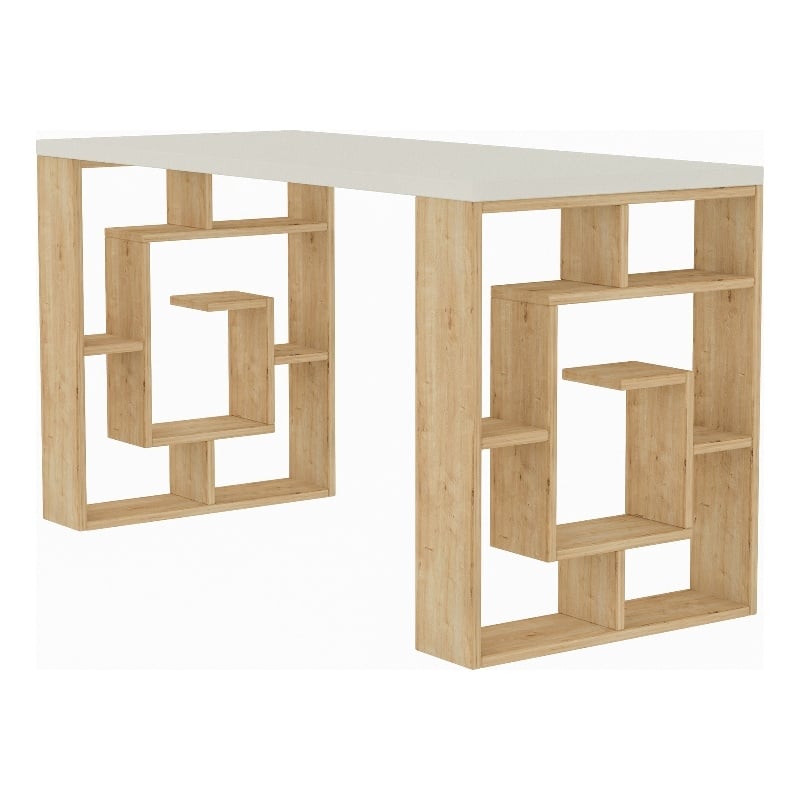 Maklaine Modern Study Desk with Numerous Shelves in White and Oak