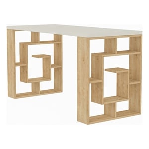 Maklaine Modern Study Desk with Numerous Shelves in White and Oak
