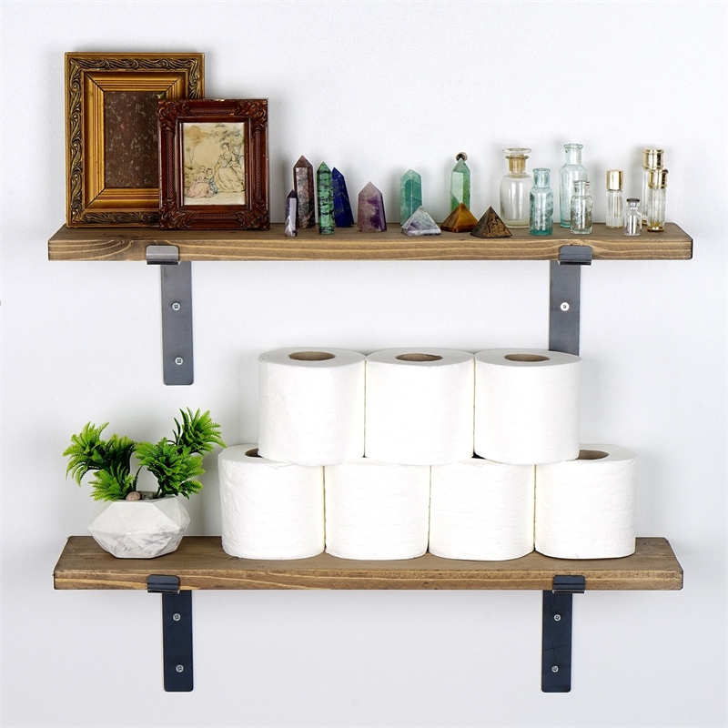 Maklaine Decorative Wooden Wall Shelf with Metal Base in Black and Walnut