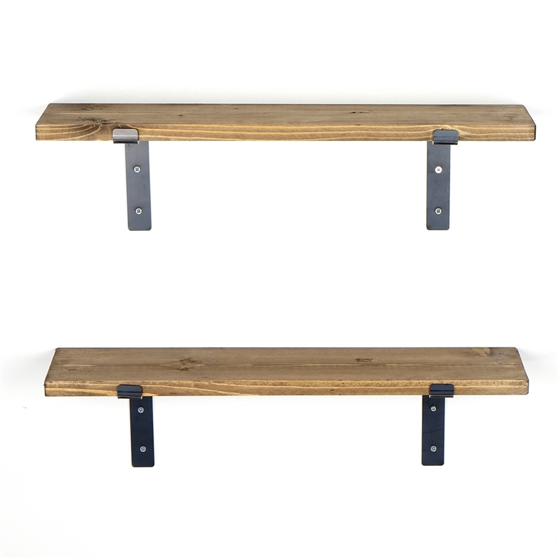 Maklaine Decorative Wooden Wall Shelf with Metal Base in Black and Walnut