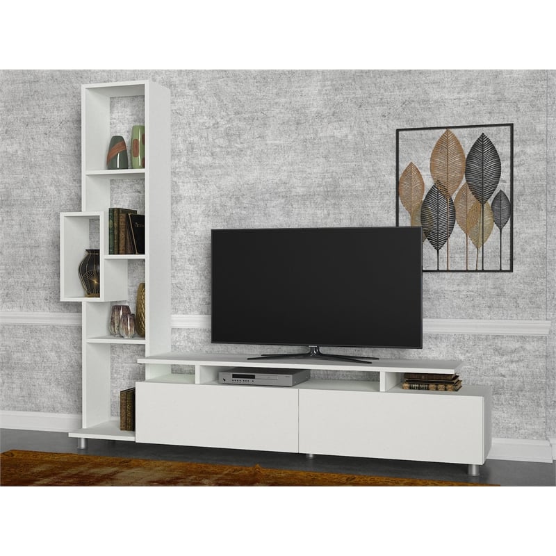 Maklaine Scandinavian TV Unit with Bookshelf and Shelves in White