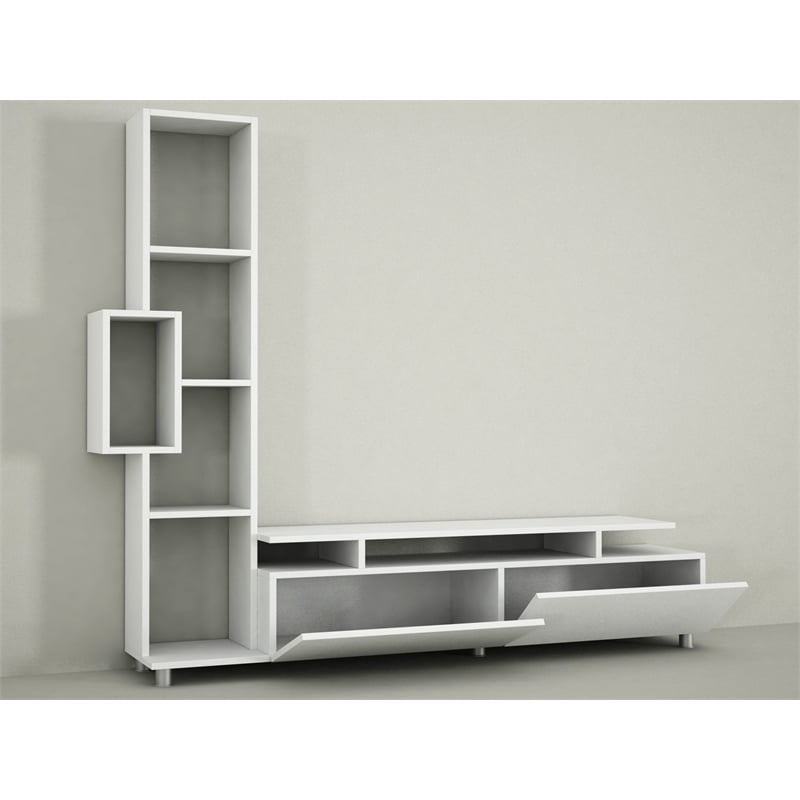 Maklaine Scandinavian TV Unit with Bookshelf and Shelves in White