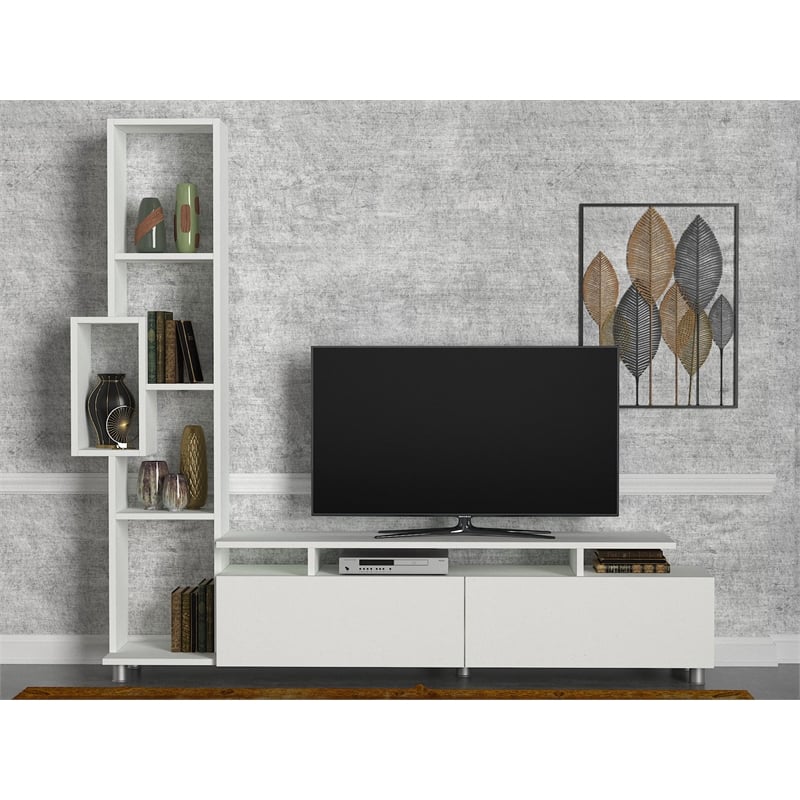 Maklaine Scandinavian TV Unit with Bookshelf and Shelves in White