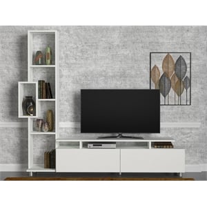 Maklaine Scandinavian TV Unit with Bookshelf and Shelves in White