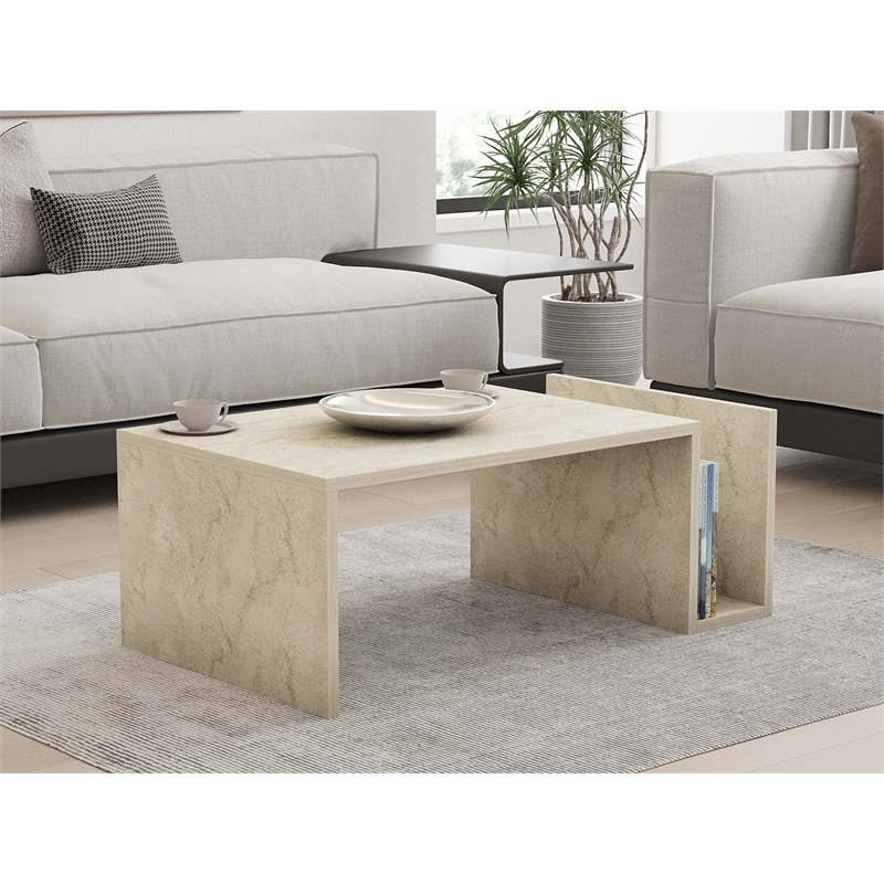 Maklaine Modern Coffee Table with Lower Storage Shelf in Travertine