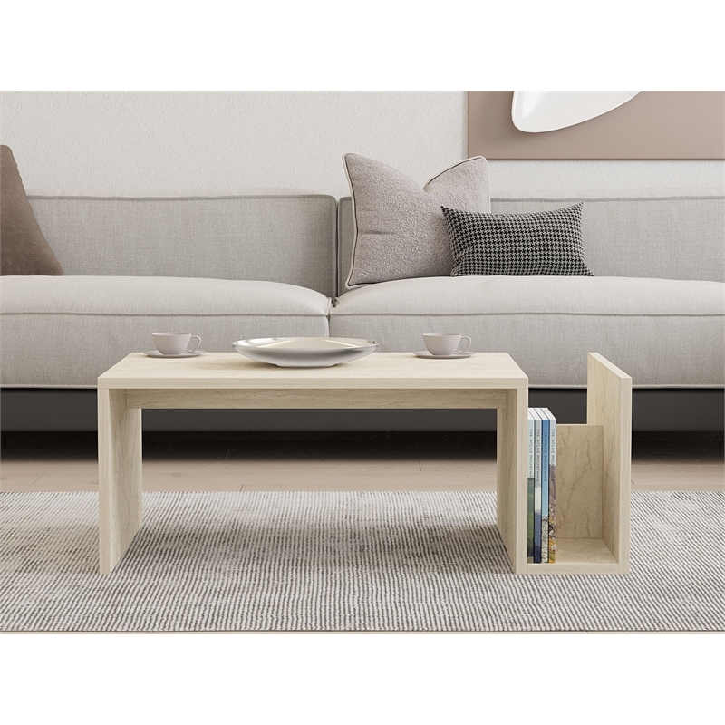 Maklaine Modern Coffee Table with Lower Storage Shelf in Travertine