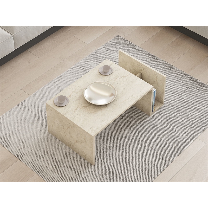 Maklaine Modern Coffee Table with Lower Storage Shelf in Travertine