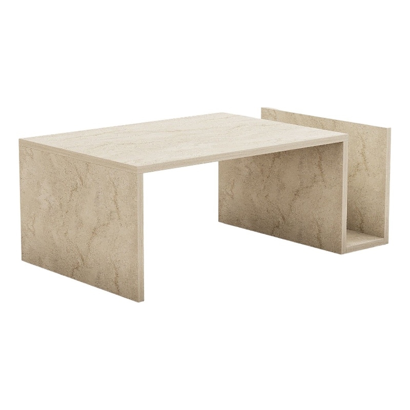 Maklaine Modern Coffee Table with Lower Storage Shelf in Travertine