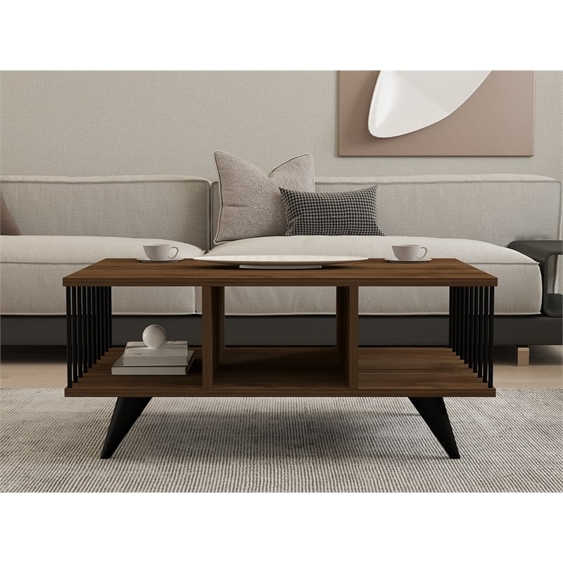 Maklaine Modern Coffee Table with Lower Storage Shelf in Walnut