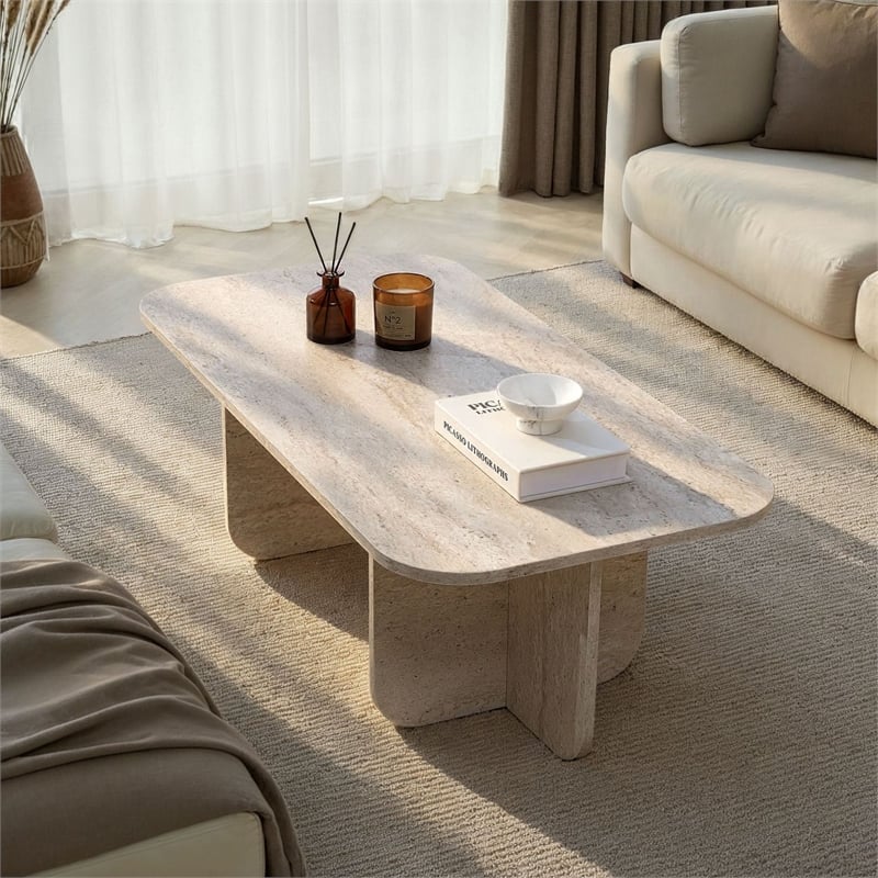 Maklaine Modern Coffee Table with Sturdy Build in Travertine