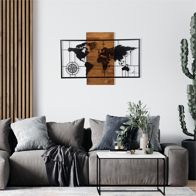 Maklaine World Map Decorative Wooden Wall Accessory in Black and Walnut