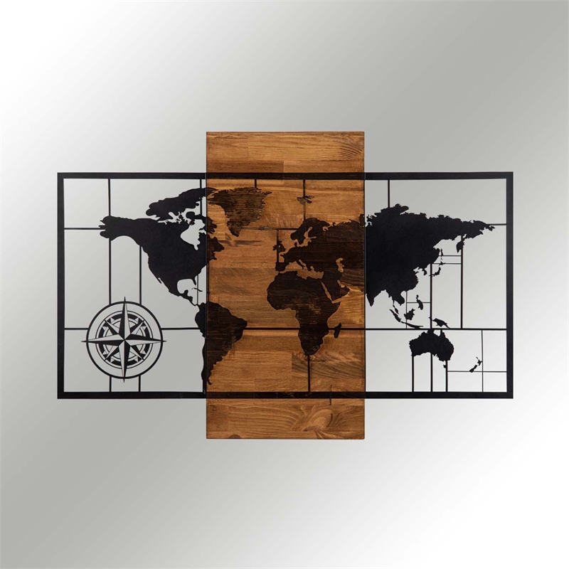 Maklaine World Map Decorative Wooden Wall Accessory in Black and Walnut