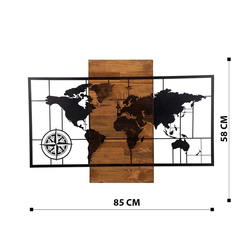 Maklaine World Map Decorative Wooden Wall Accessory in Black and Walnut