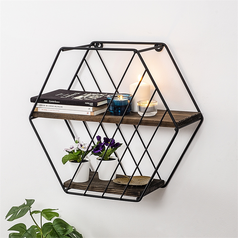 Maklaine Spruce Wood Wall Shelf with Metal Frame in Black and Dark Walnut