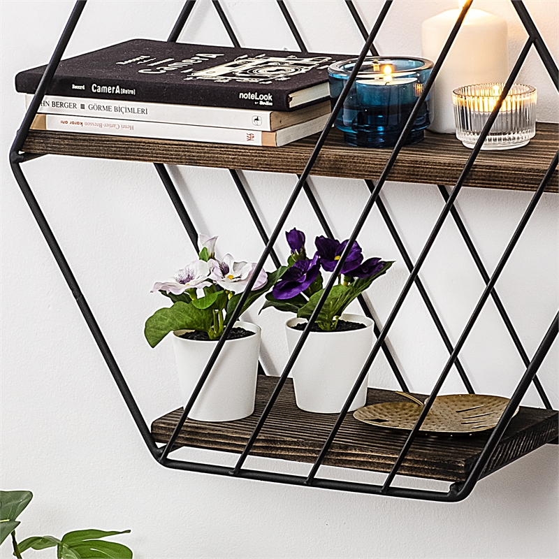 Maklaine Spruce Wood Wall Shelf with Metal Frame in Black and Dark Walnut