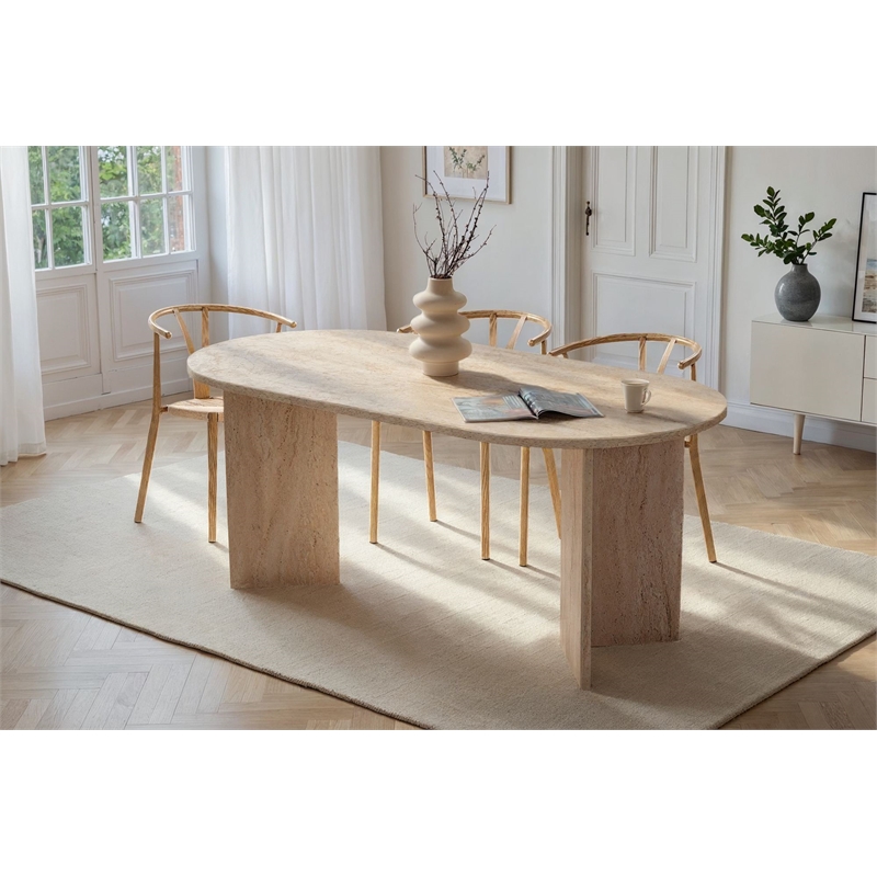 Maklaine Rectangular Dining Table with Marble Look in Travertine