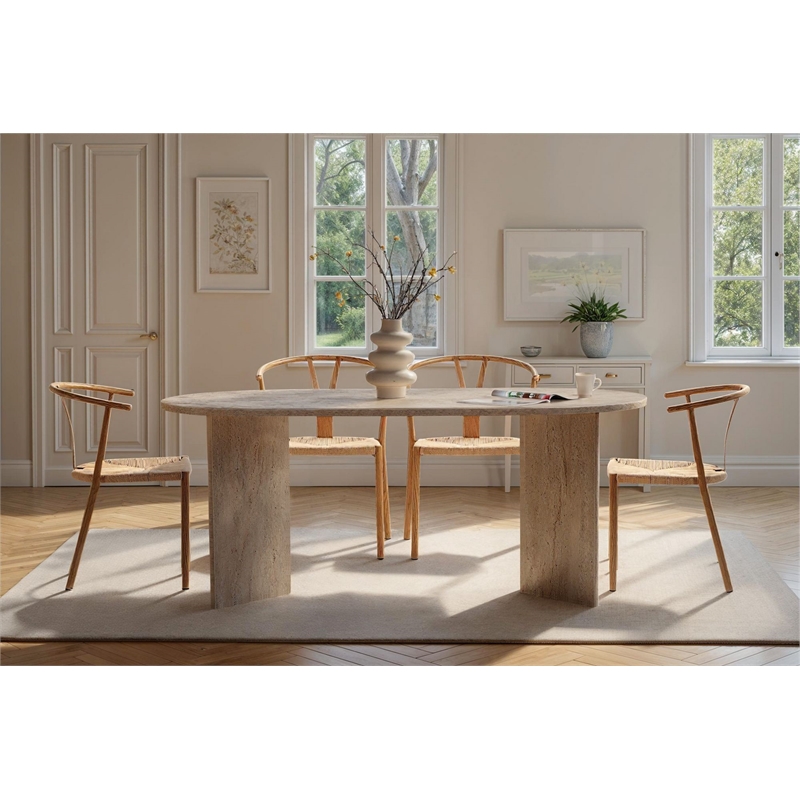 Maklaine Rectangular Dining Table with Marble Look in Travertine