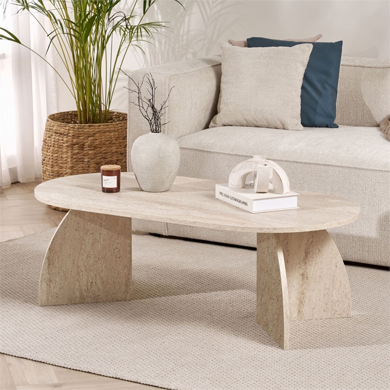 Maklaine Rectangular Coffee Table with Sturdy Build in Travertine