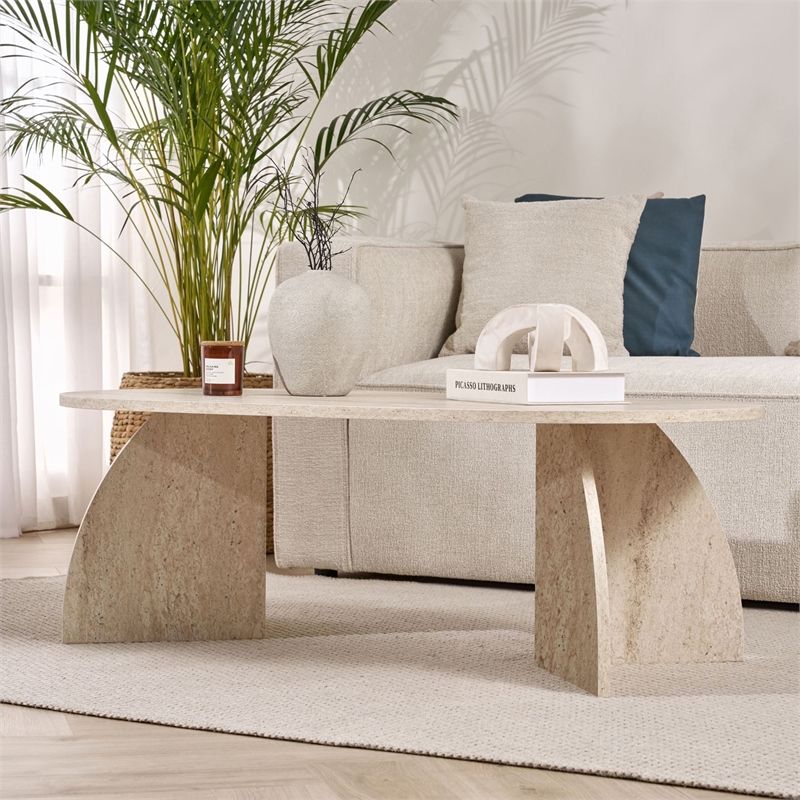 Maklaine Rectangular Coffee Table with Sturdy Build in Travertine
