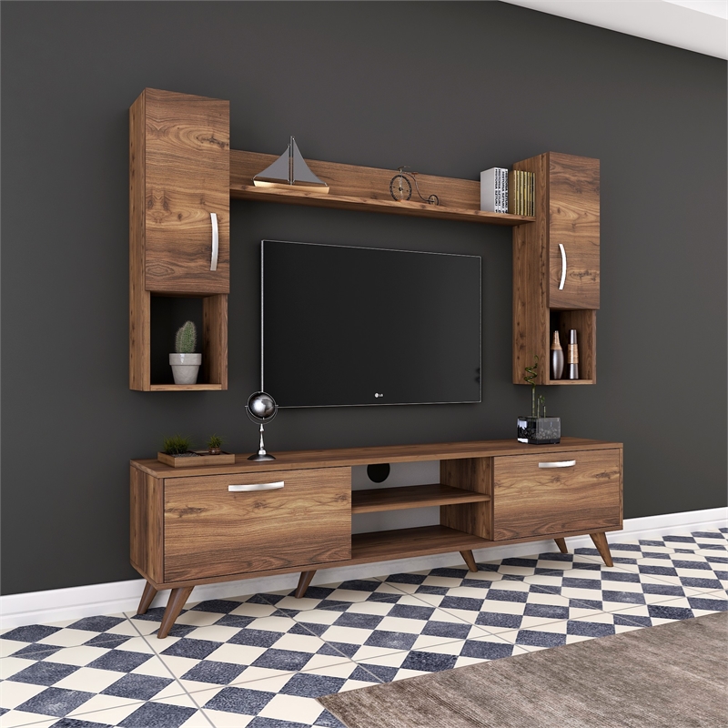 Maklaine Modern TV Unit with Wall Cabinets and Shelves in Walnut