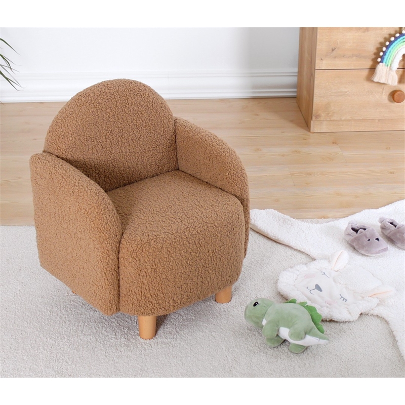 Maklaine Kid's Wing Chair with Faux Fur and Wooden Legs in Coffee
