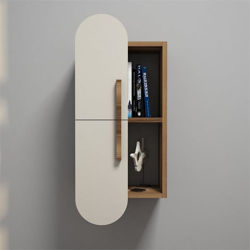 Maklaine Wall Shelf with Cabinet and Shelves in Walnut and Cream