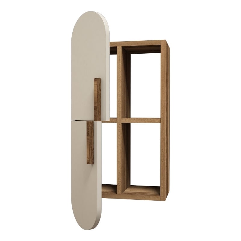 Maklaine Wall Shelf with Cabinet and Shelves in Walnut and Cream