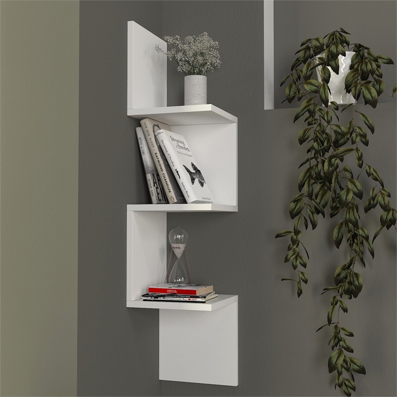 Maklaine Scandinavian Corner Wall Shelf with Shelves in White