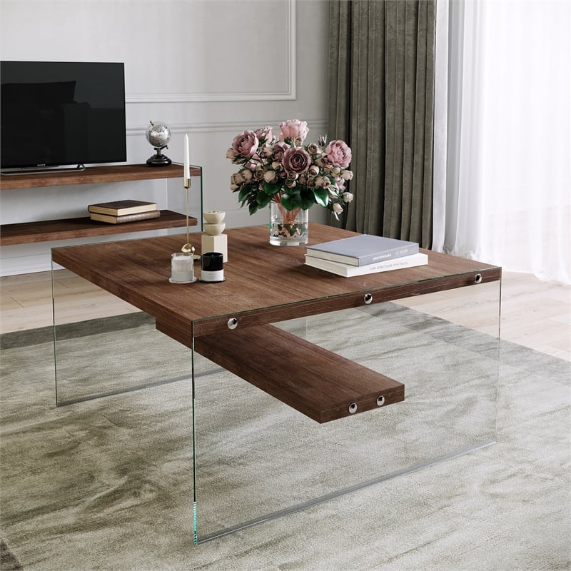 Maklaine Coffee Table with Solid Wood and Tempered Glass in Walnut