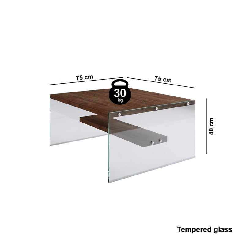 Maklaine Coffee Table with Solid Wood and Tempered Glass in Walnut