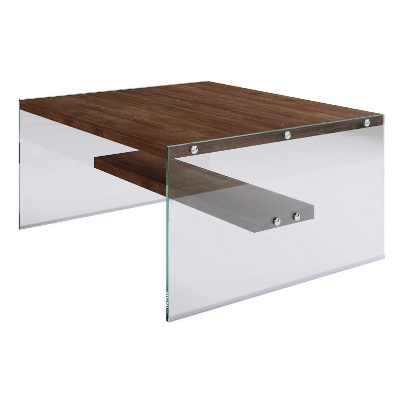 Maklaine Coffee Table with Solid Wood and Tempered Glass in Walnut