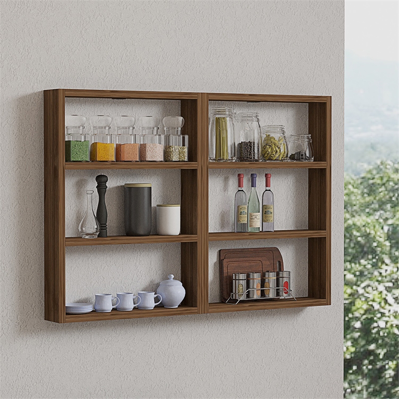 Maklaine Hexagonal Wall Shelf with Multiple Shelves in Walnut