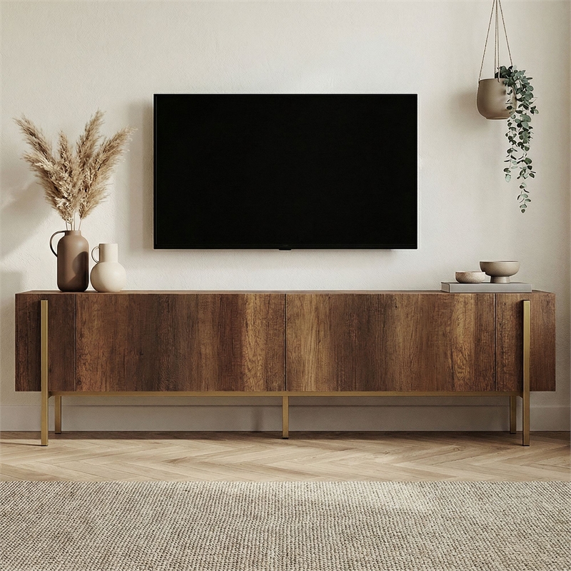 Maklaine Nexus TV Stand in Barok Walnut and Gold with Metal Legs