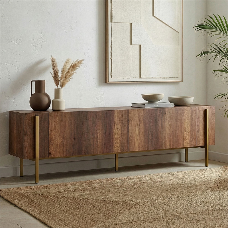Maklaine Nexus TV Stand in Barok Walnut and Gold with Metal Legs
