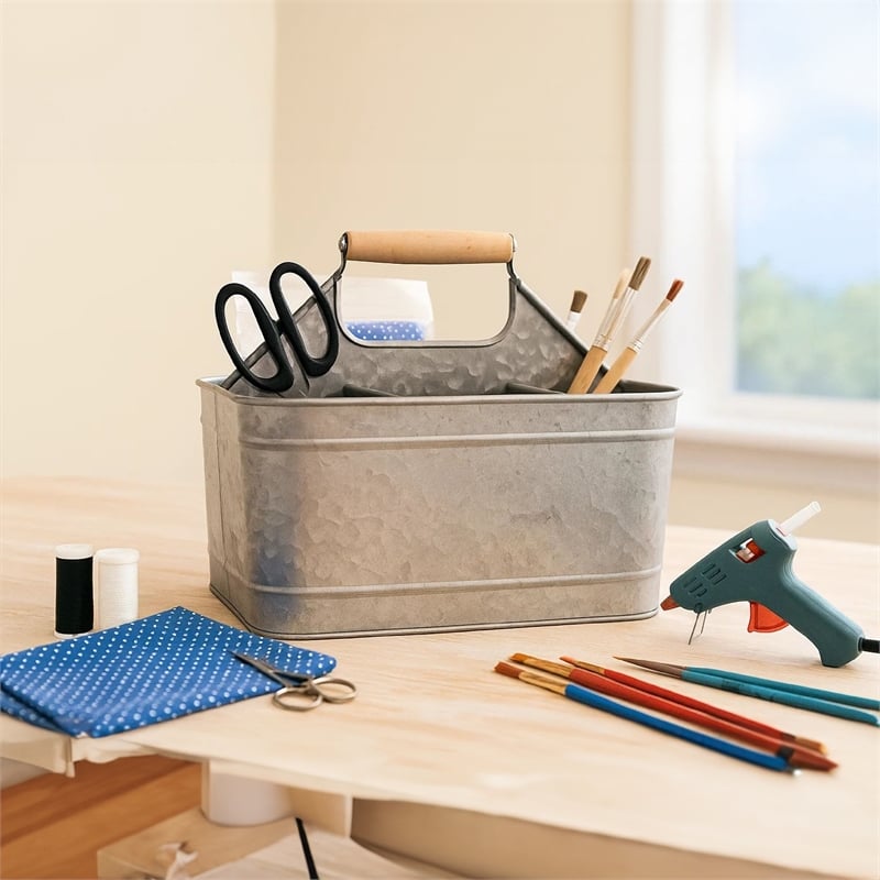 Maklaine Metal Caddy Serveware with Mango Wood Handle in Gray Finish