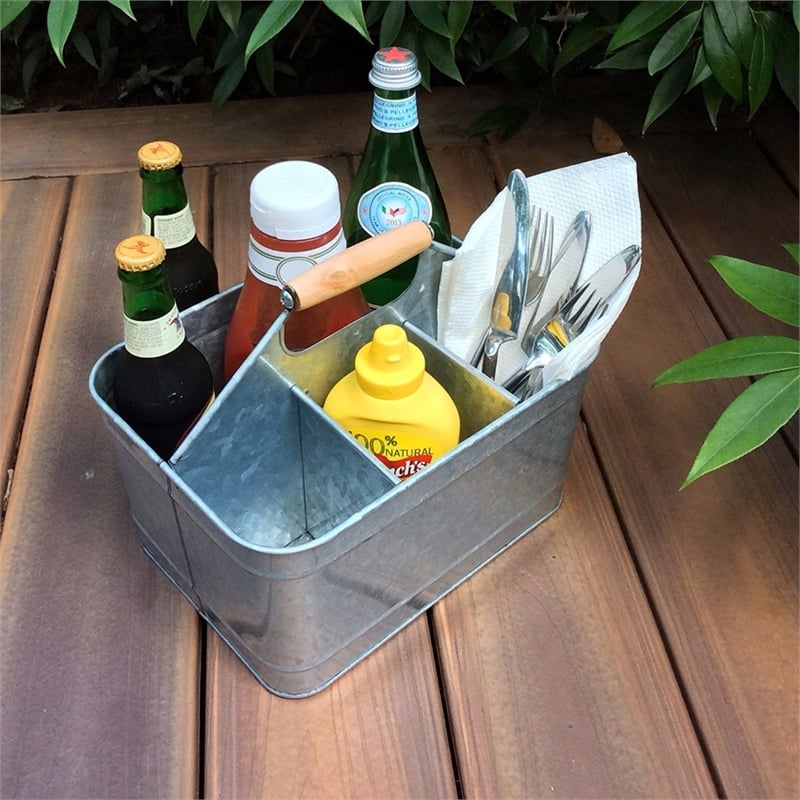 Maklaine Metal Caddy Serveware with Mango Wood Handle in Gray Finish