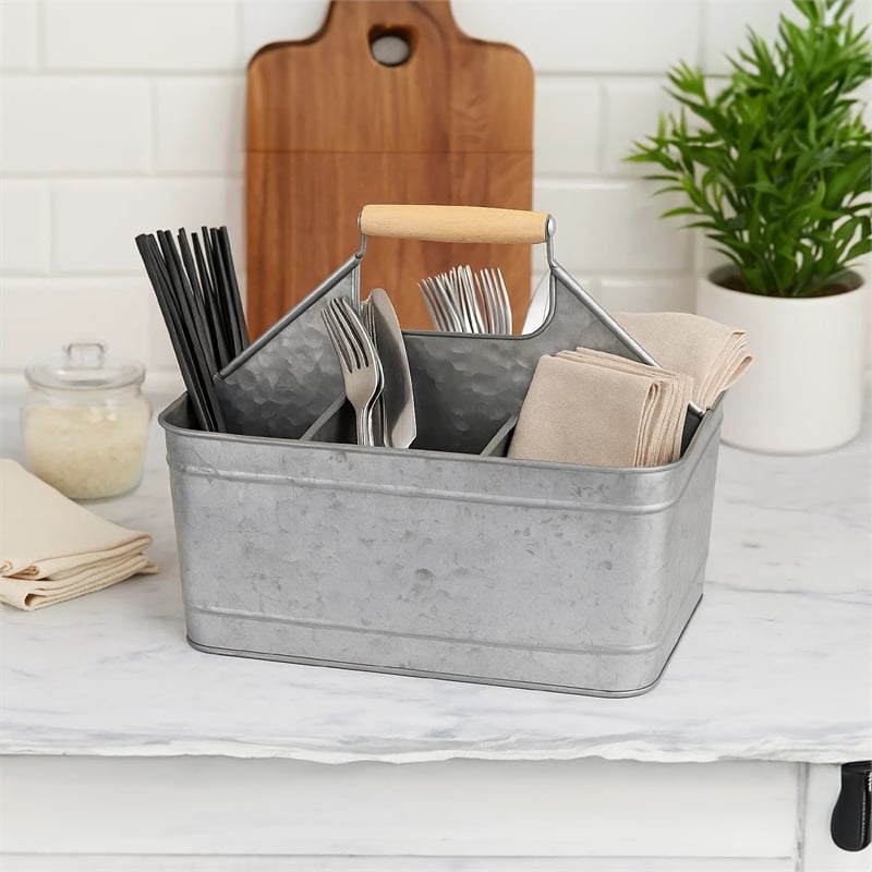 Maklaine Metal Caddy Serveware with Mango Wood Handle in Gray Finish