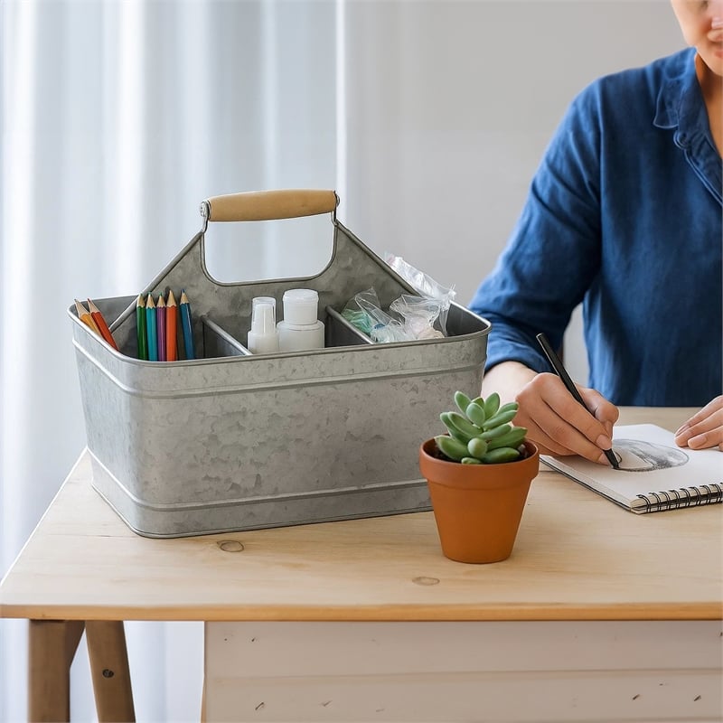 Maklaine Metal Caddy Serveware with Mango Wood Handle in Gray Finish
