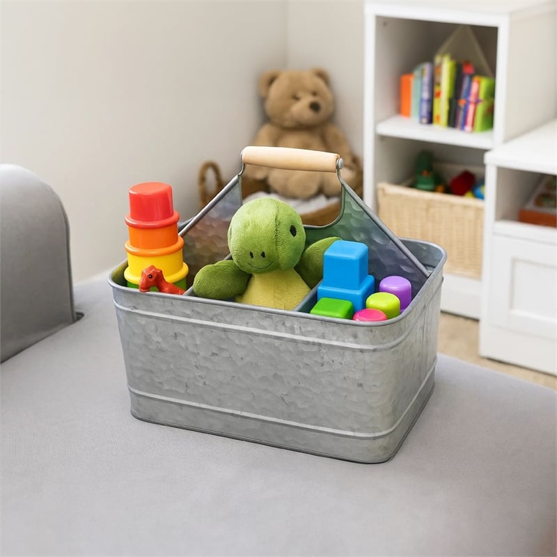 Maklaine Metal Caddy Serveware with Mango Wood Handle in Gray Finish