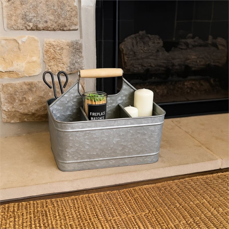 Maklaine Metal Caddy Serveware with Mango Wood Handle in Gray Finish