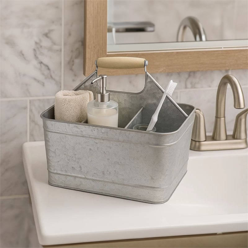 Maklaine Metal Caddy Serveware with Mango Wood Handle in Gray Finish