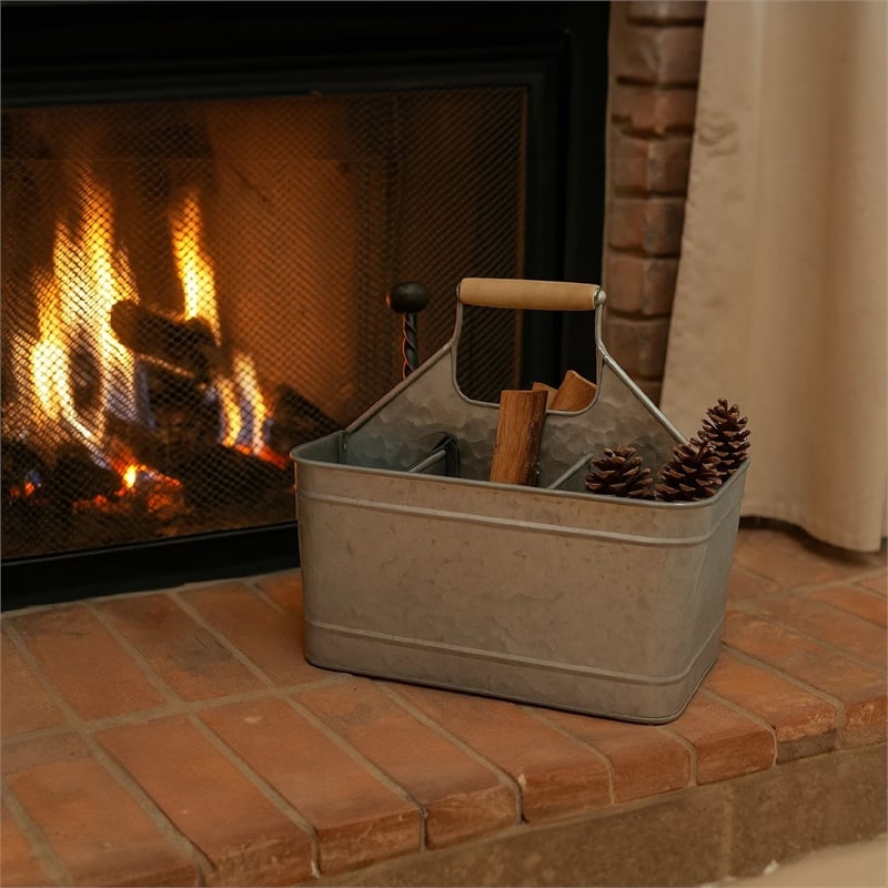 Maklaine Metal Caddy Serveware with Mango Wood Handle in Gray Finish