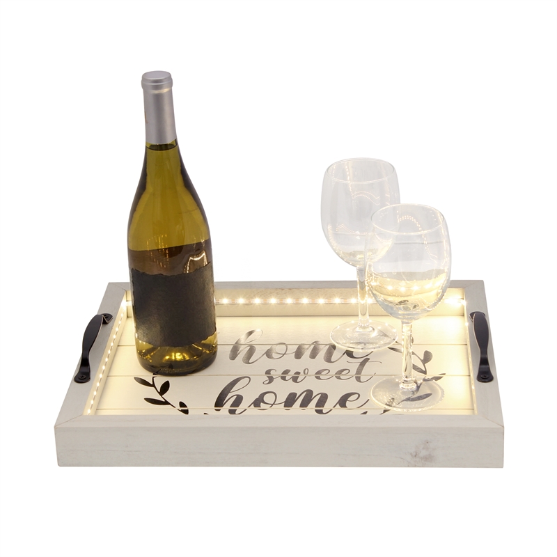 Maklaine Wooden Serving Tray with LED in Whitewashed Wood and Black
