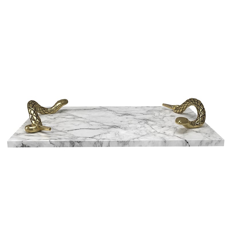 Maklaine White Marble Decorative Tray with Brass Snake Handles