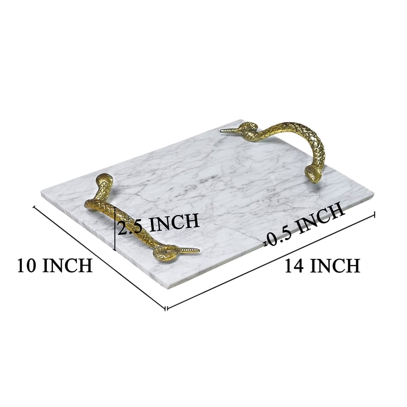Maklaine White Marble Decorative Tray with Brass Snake Handles
