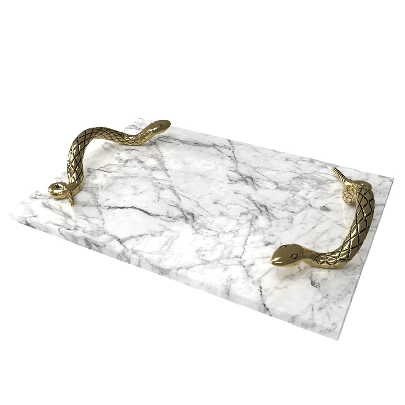 Maklaine White Marble Decorative Tray with Brass Snake Handles
