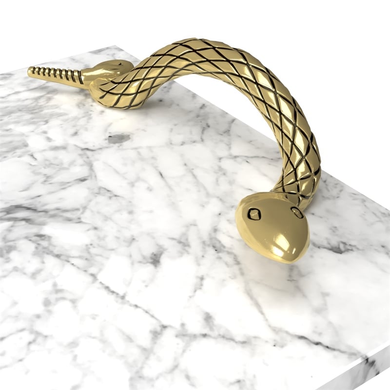 Maklaine White Marble Decorative Tray with Brass Snake Handles