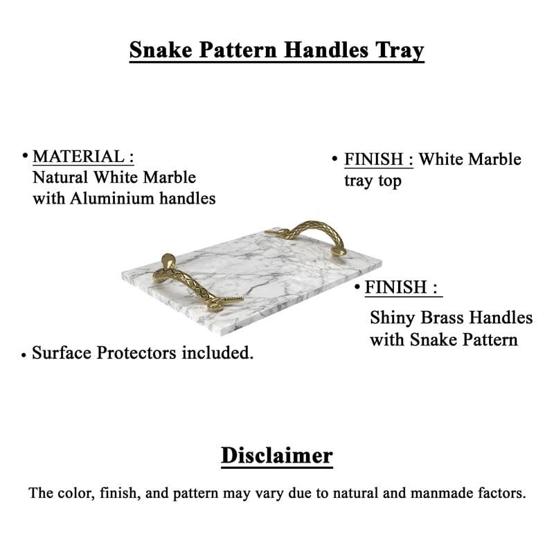 Maklaine White Marble Decorative Tray with Brass Snake Handles