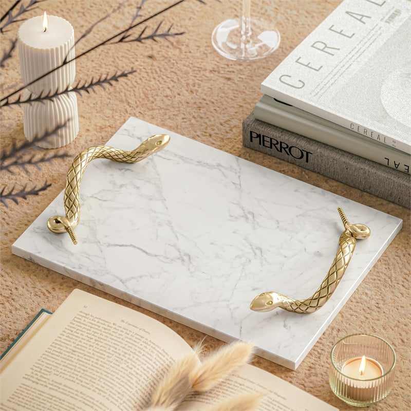 Maklaine White Marble Decorative Tray with Brass Snake Handles